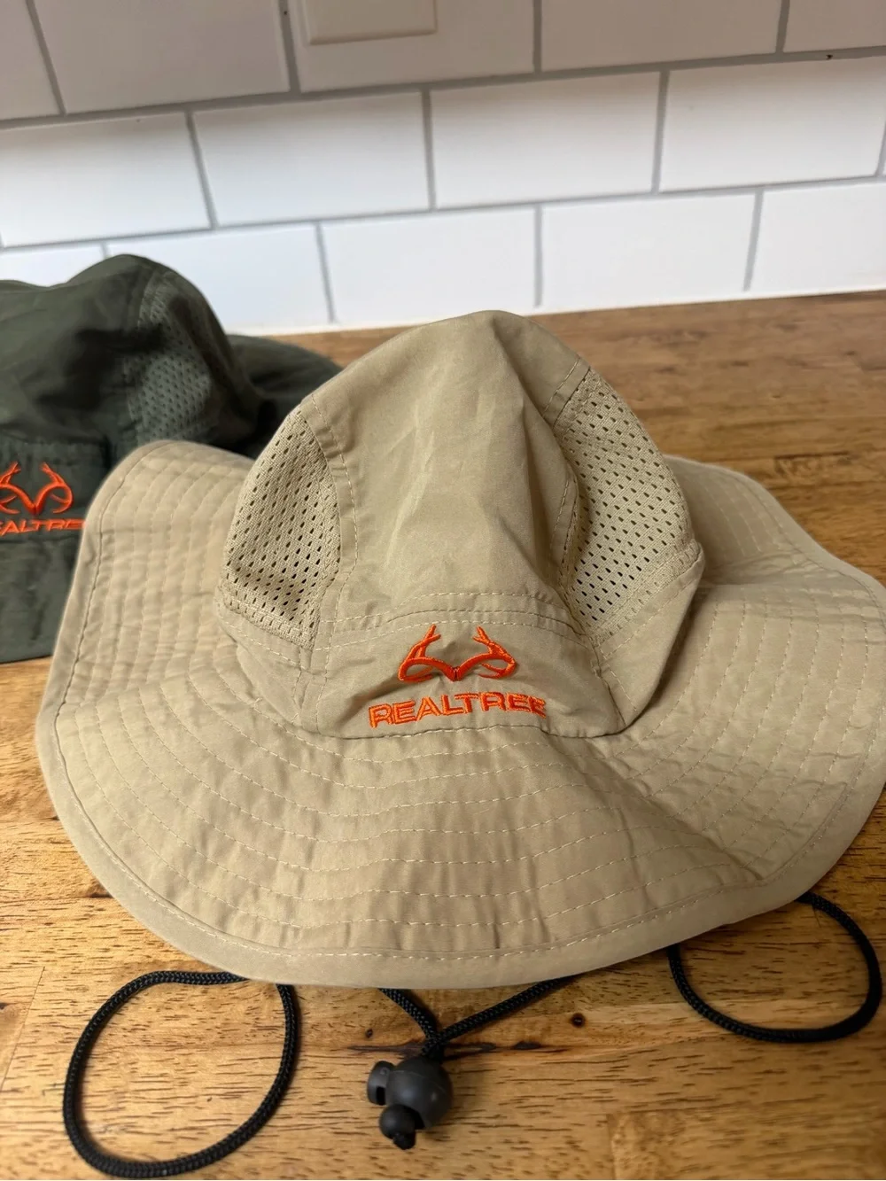 Realtree Ventilated Bucket Hats - Olive Green & Tan with Orange Logo